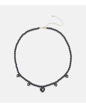 Sydney Evan Carved Heart 14kt Gold Beaded Necklace With Diamonds And Onyx - Metallic