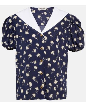 Miu Miu Floral Silk Crepe De Chine Blouse - Blue