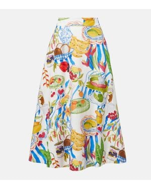 FARM Rio Printed Linen-Blend Midi Skirt - White