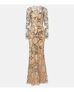 Elie Saab Sequined Sheer Tulle Gown - Natural