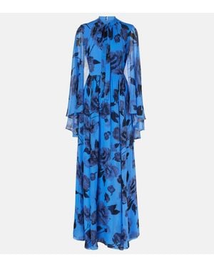 Erdem Tie-Neck Floral Silk Voile Gown - Blue