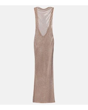 Self-Portrait Rhinestone Draped Open-Back Maxi Dress - Metallic