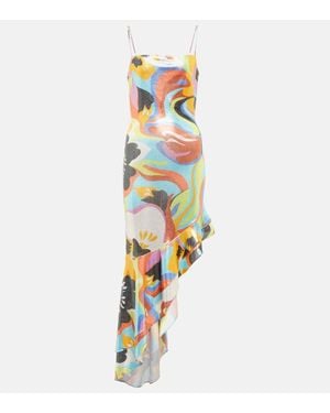 Etro Asymmetric Ruffled Printed Stretch-lamé Dress - White