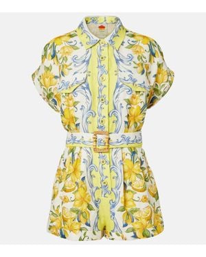 FARM Rio Printed Linen Romper - Metallic