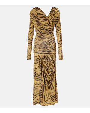 Ganni Asymmetric Draped Tiger-Print Maxi Dress - Metallic