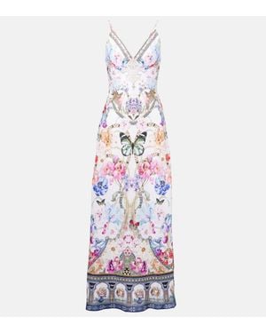 CAMILLA Crystal-Embellished Linen Slip Dress - White