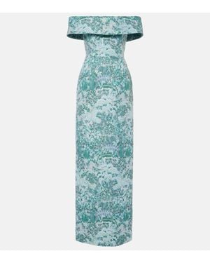 Markarian Clover Floral Off-Shoulder Brocade Gown - Blue