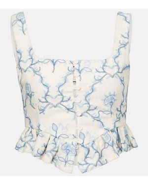 Agua Bendita Eslabon Floritura Printed Linen Crop Top - Blue
