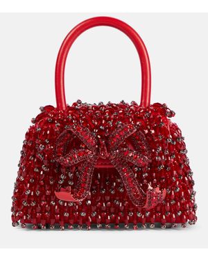 Self-Portrait Bow Micro Beaded Leather Tote Bag - Red