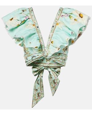 CAMILLA Floral Linen Crop Top - Green