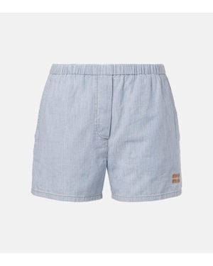 Miu Miu Logo Striped Cotton Shorts - Blue