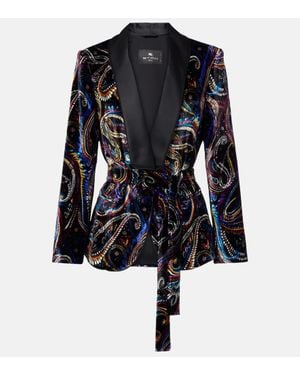 Etro Belted Velvet Jacquard Blazer - Blue