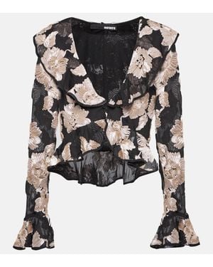 ROTATE BIRGER CHRISTENSEN Ruffled Floral Mesh Top - Black