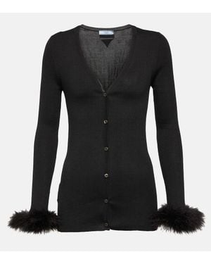 Prada Cardigan Aus Seide Mit Federn - Schwarz