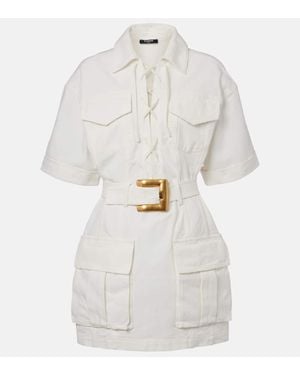 Balmain Belted Lace-Up Cotton-Canvas Mini Dress - White