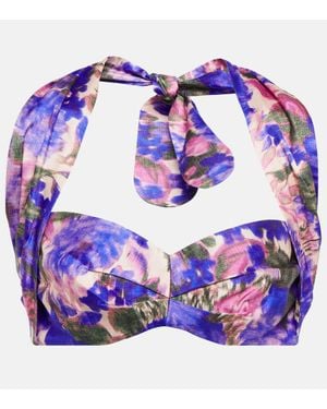 Zimmermann High Tide Floral Silk Halterneck Crop Top - Purple