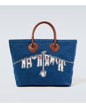 Bode Clothesline Leather-Trimmed Canvas Tote Bag - Blue