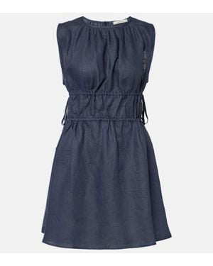 Asceno Como Gathered Linen Minidress - Blue