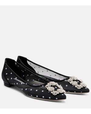 Manolo Blahnik Hangisi Embellished Mesh Ballet Flats - Black