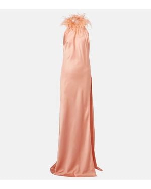The New Arrivals Ilkyaz Ozel Jazzy Feather-Trimmed Satin Gown - Orange