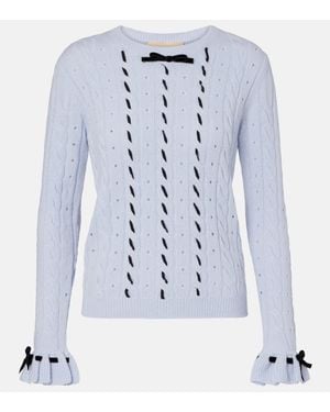 Valentino Bow-Detail Cable-Knit Virgin Wool Sweater - Blue