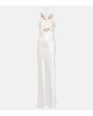 Rodarte Bridal Floral-Applique Lace-Trimmed Silk Gown - White