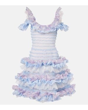 SUSAN FANG Abito Corto A Punto Smock Con Volant - Blu