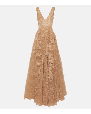 Costarellos Applique Tulle Gown - Natural