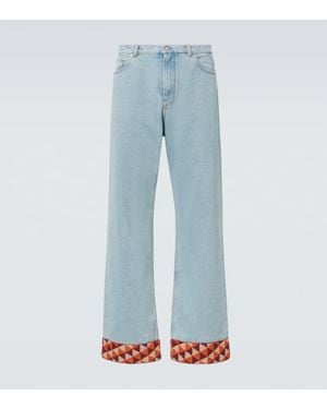 Valentino Jacquard-Trimmed Wide-Leg Jeans - Blue