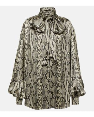 Balmain Snake-Print Tie-Detail Silk Blouse - Gray