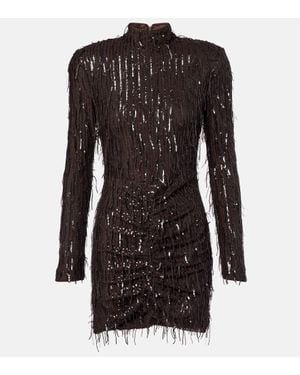 ROTATE BIRGER CHRISTENSEN Fringed Ruched Sequined Mesh Minidress - Black