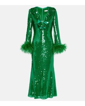 Self-Portrait Feather-Trimmed Sequined Midi Dress - Green