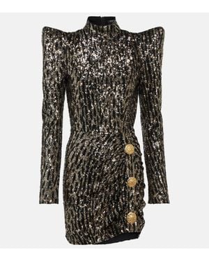 Balmain Button-embellished Sequined Crepe Mini Dress - Black