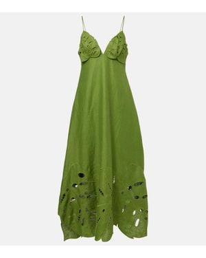 FARM Rio Besticktes Midikleid Aus Leinen - Grün