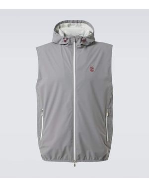 Brunello Cucinelli Gilet Con Cappuccio, Zip E Logo - Grigio