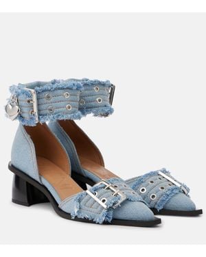 Ganni Denim Feminine Buckle Open Cut Heels - Blue