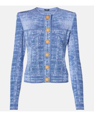 Balmain Cardigan in maglia jacquard con trompe-l'œil denim - Blu