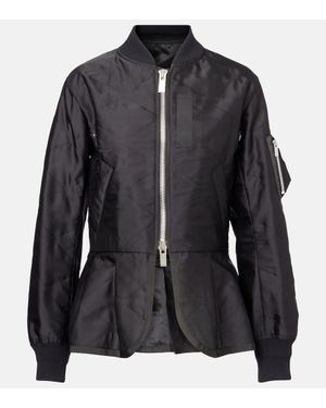 Sacai Grosgrain-Trimmed Quilted Satin Peplum Jacket in Black