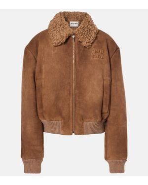 Miu Miu Cropped-Jacke Aus Veloursleder Mit Shearling - Braun