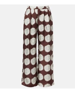 Asceno Isola Floral Silk Twill Wide-Leg Pants - Brown
