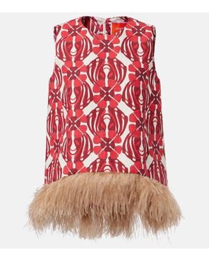 La DoubleJ La Scala Feather-Trimmed Cotton Top - Red