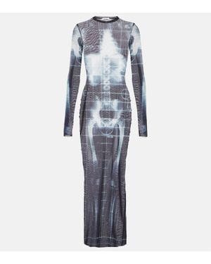 Jean Paul Gaultier Squeletor Trompe L'Oeil Printed Tulle Maxi Dress - Blue