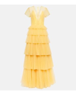 Costarellos Tiered Pleated Tulle Gown - Yellow