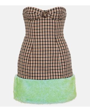 Area Faux Fur-Trimmed Strapless Minidress - Green