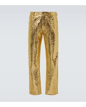 Bottega Veneta Intrecciato Metallic Leather Straight Pants - Yellow