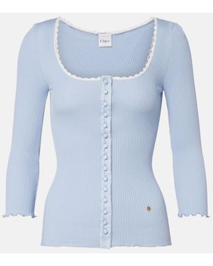 Chloé Lace-Trimmed Ribbed-Knit Cotton Cardigan - Blue