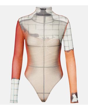 Jean Paul Gaultier Fire Printed Mesh Bodysuit - White