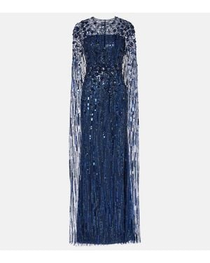 Jenny Packham Ruby Sequined Caped Gown - Blue