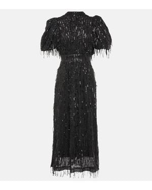 ROTATE BIRGER CHRISTENSEN Sequin-embellished Puff-sleeve Stretch Recycled-polyester Midi Dress - Black