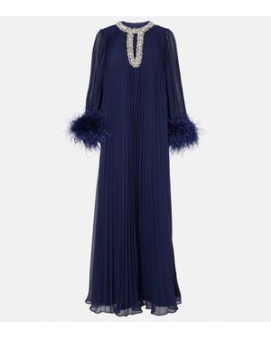 Self-Portrait Plisse Feather-Trimmed Chiffon Maxi Dress - Blue